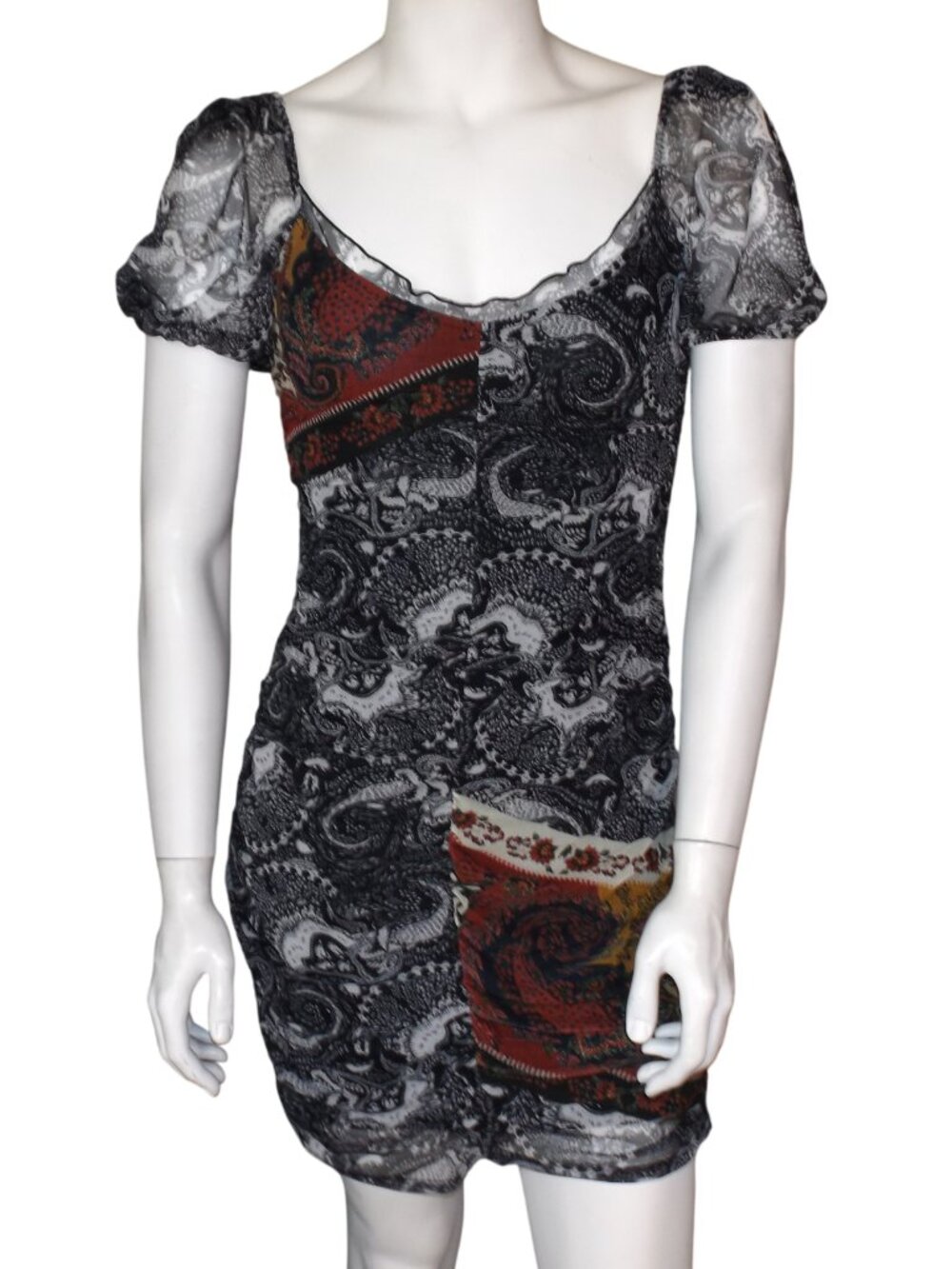 DESIGUAL Mini Dress, XL, Fitted, Short  Puff Sleeve, Ruched, Meshy, Scoop neck
